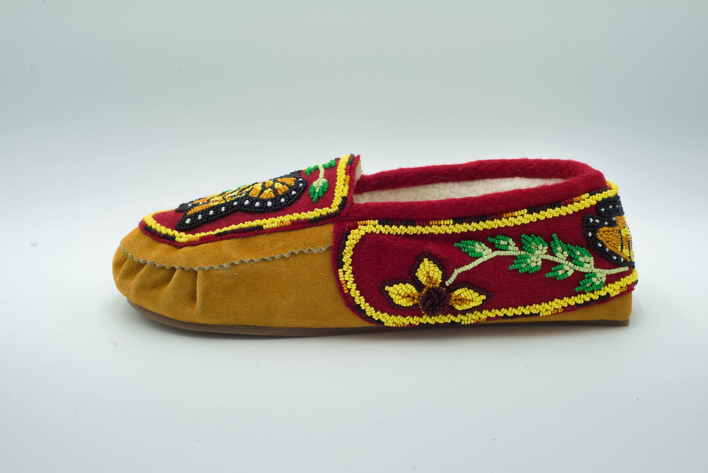 Butterfly Beaded Cow Suede Moccasins – Fleece Lined