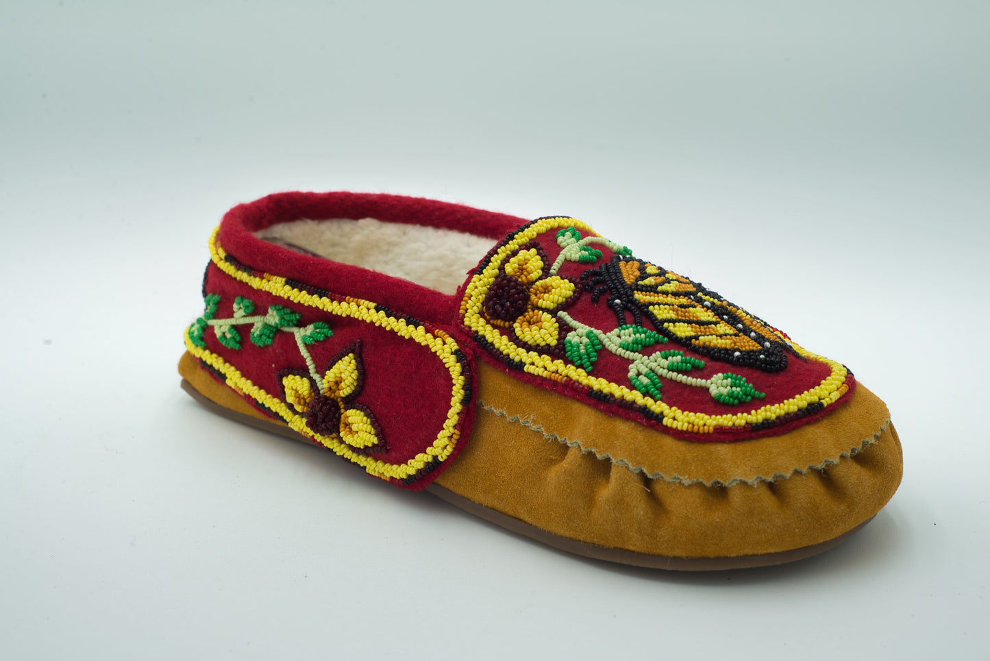Butterfly Beaded Cow Suede Moccasins – Fleece Lined
