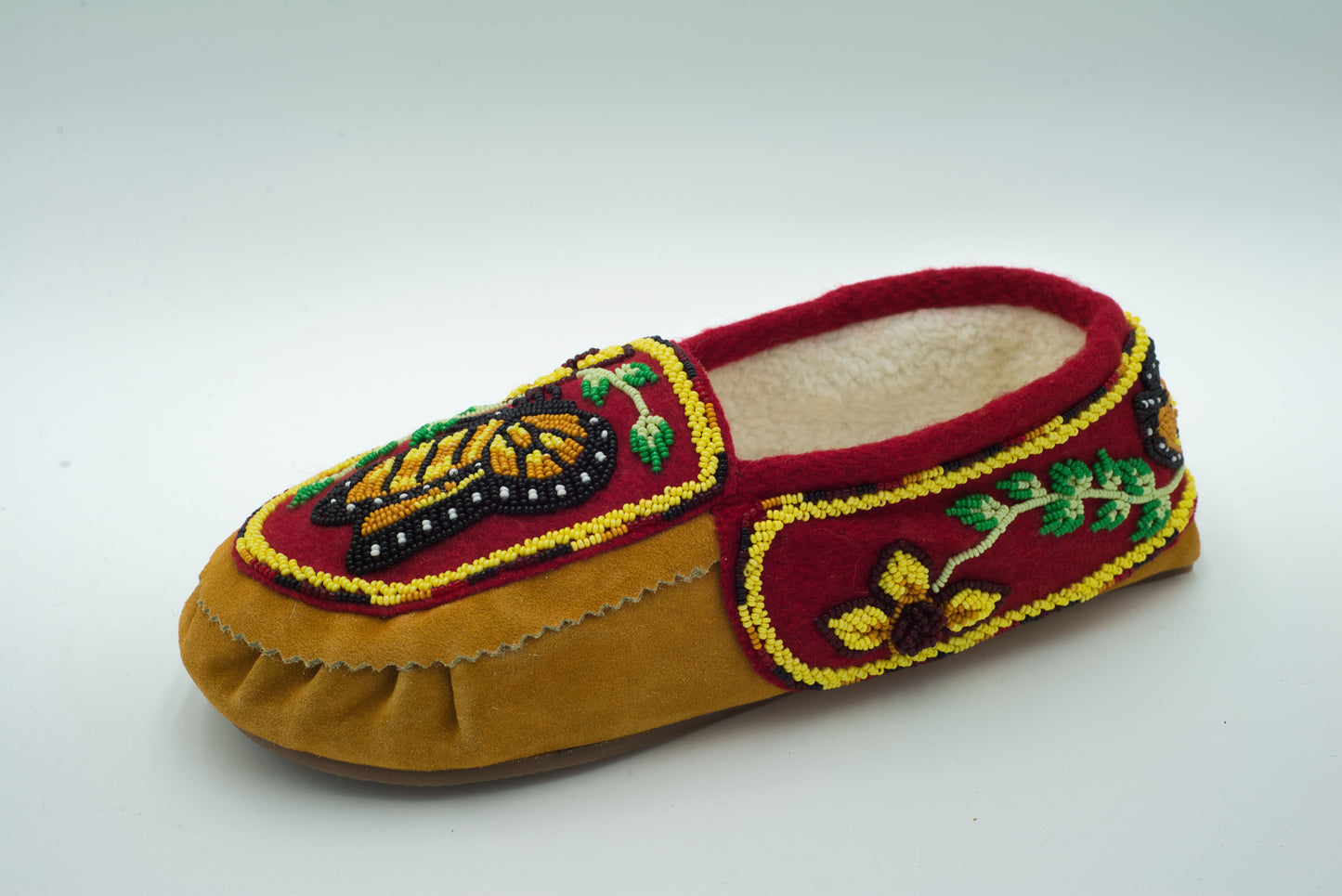 Butterfly Beaded Cow Suede Moccasins – Fleece Lined