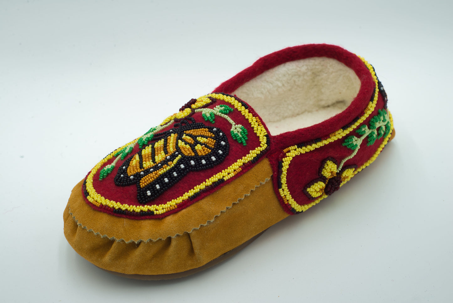 Butterfly Beaded Cow Suede Moccasins – Fleece Lined