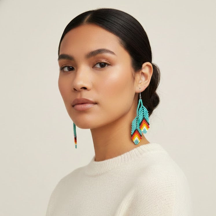 turquoises Beaded Feather Earrings
