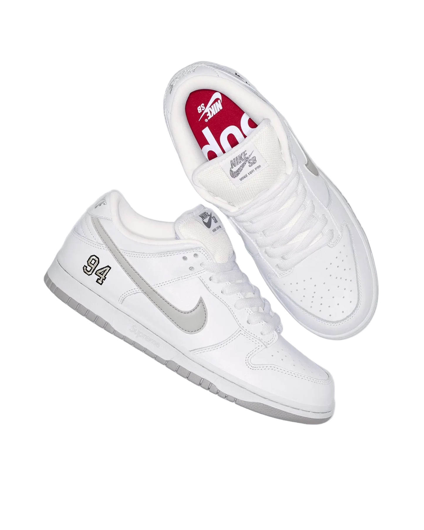 Supreme x Nike SB 'Dunk Low 94' Shoes - White/Metallic Silver