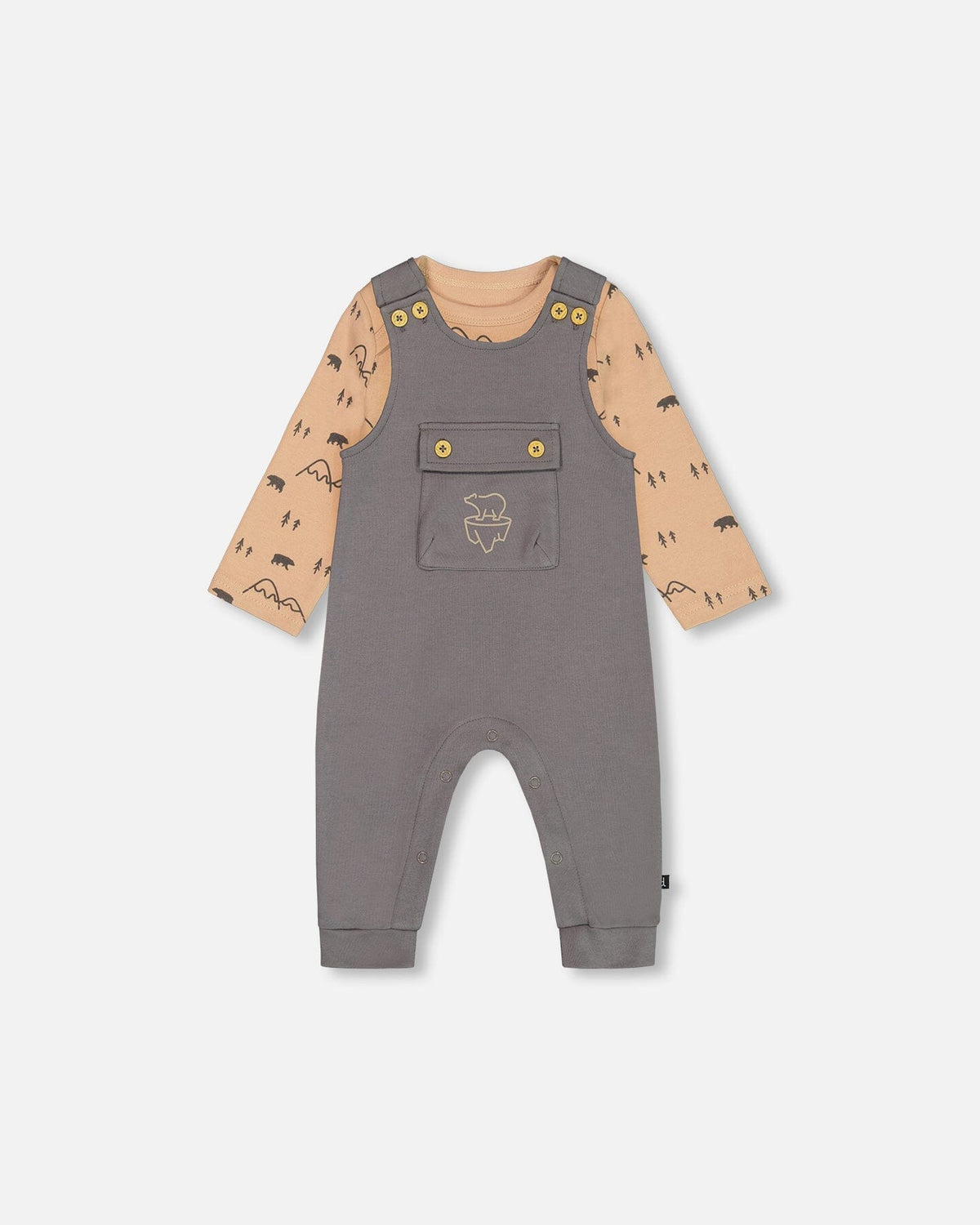 Organic Cotton Printed Onesie And Overall Set Dark Gray With Mountains