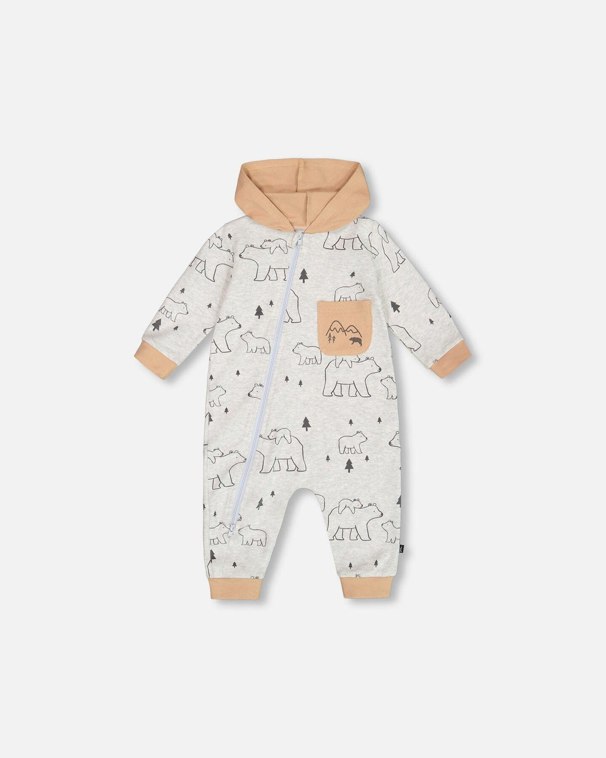 Organic Cotton Hooded Jumpsuit Gray Mix Printed Bears