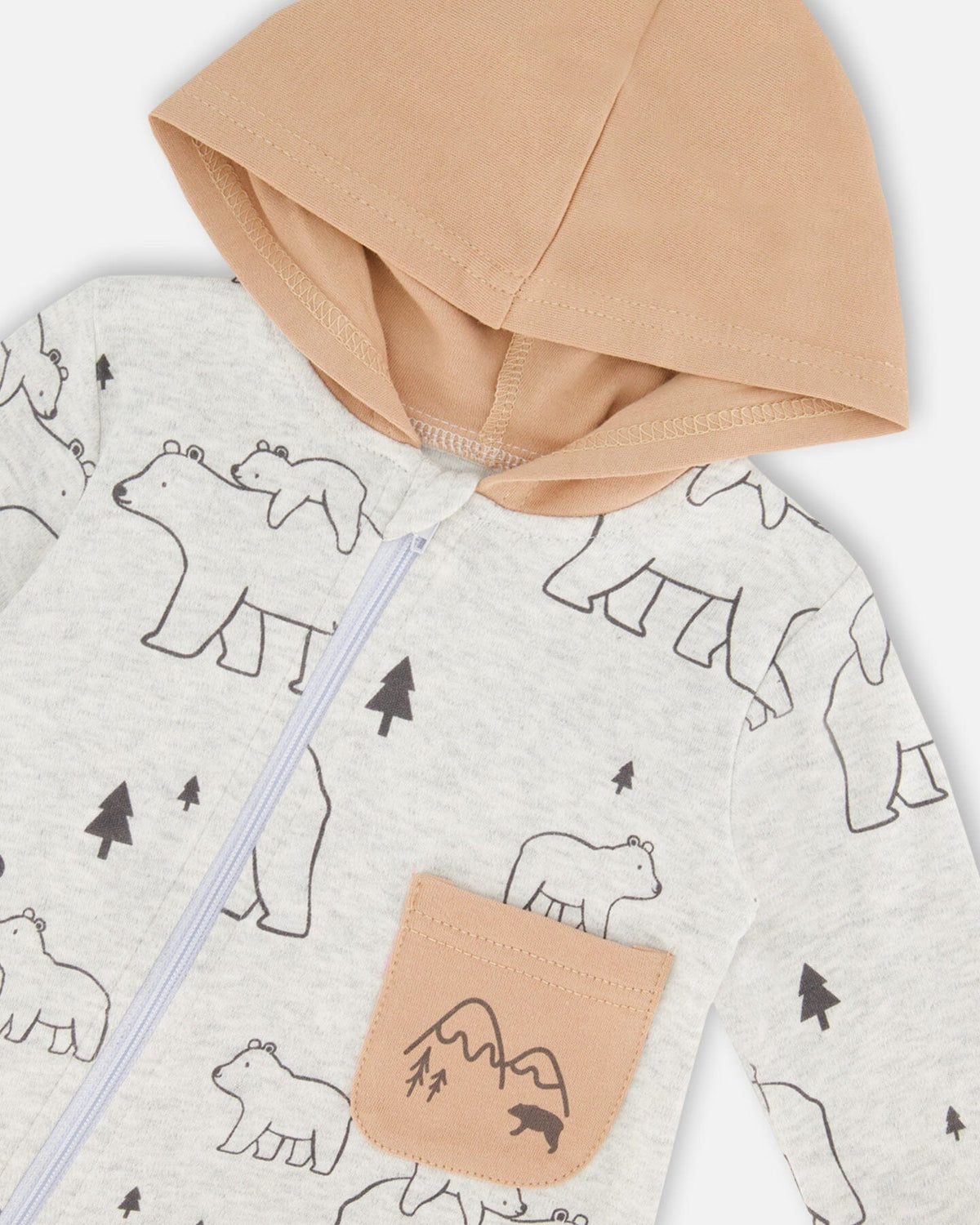 Organic Cotton Hooded Jumpsuit Gray Mix Printed Bears