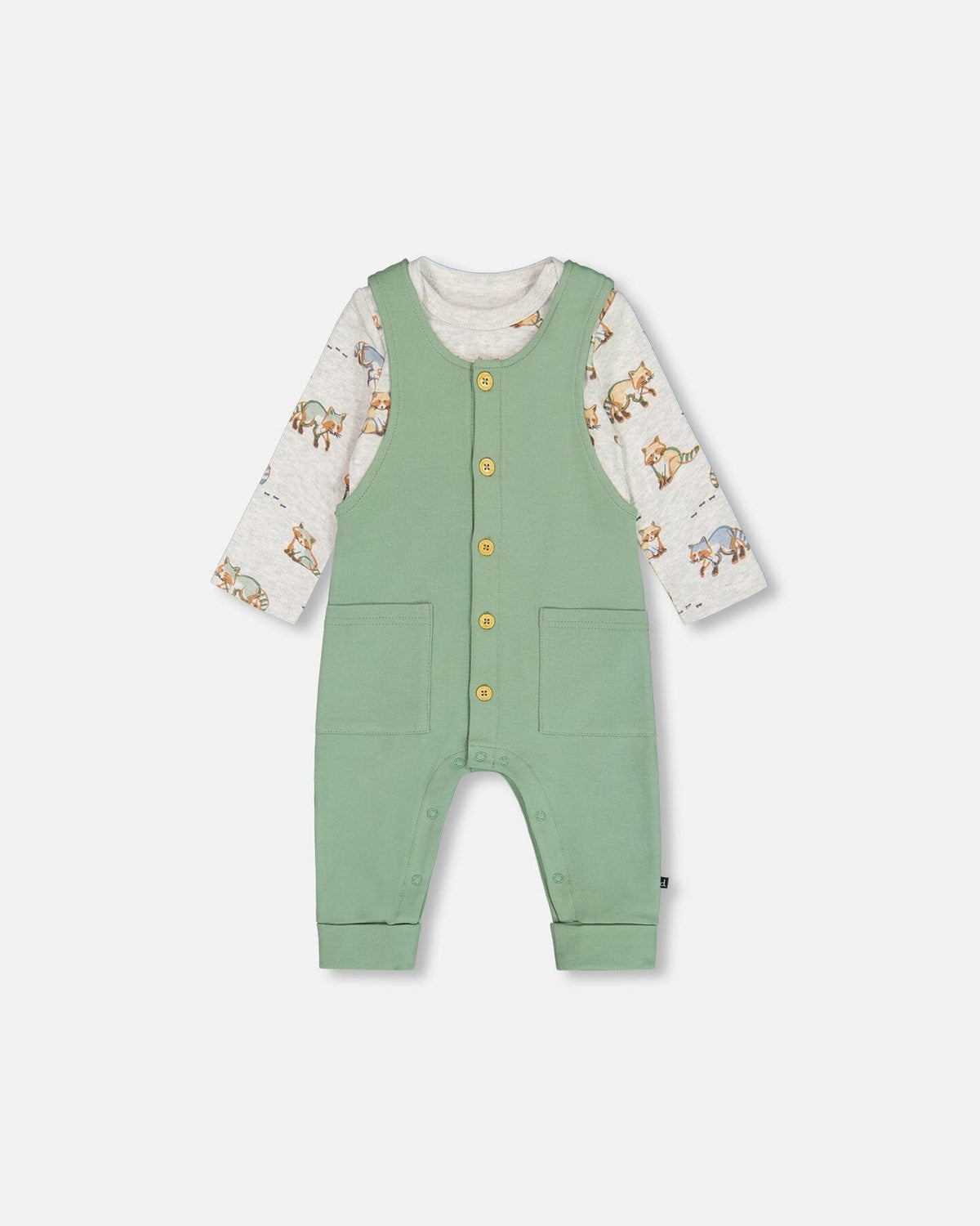 Organic Cotton Printed Onesie And Overall Set Green And Racoon