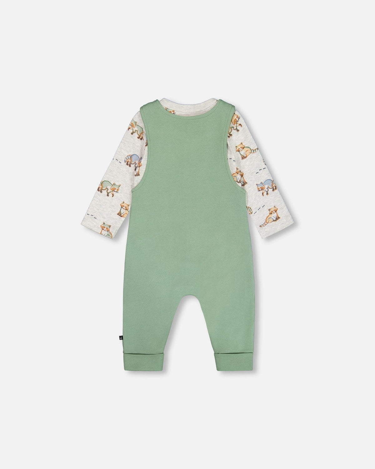 Organic Cotton Printed Onesie And Overall Set Green And Racoon
