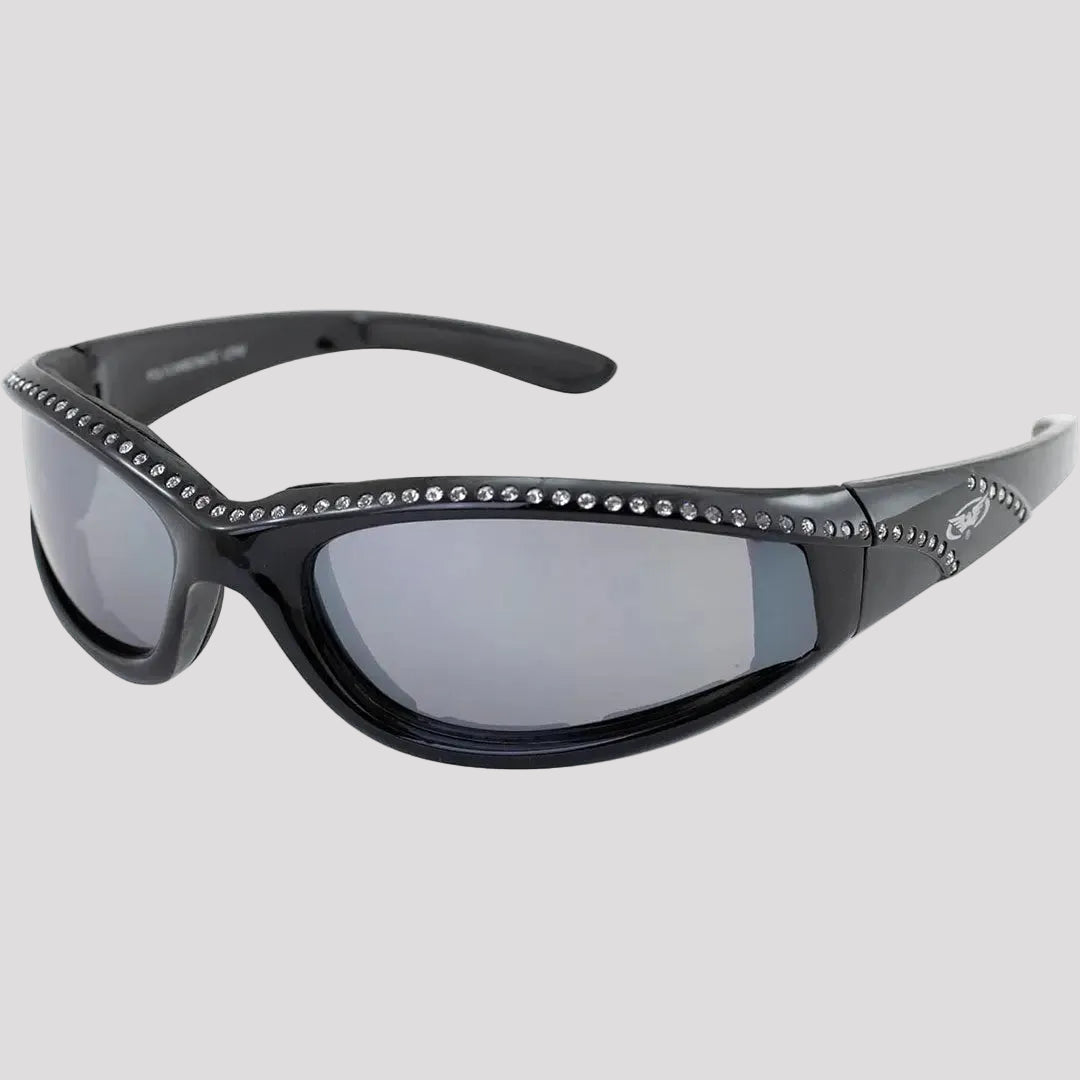 Global Vision Marilyn Women’s Rhinestone Motorcycle Sunglasses. Foam Padded Bling Riding Glasses with Shatterproof Flash Mirror Lenses