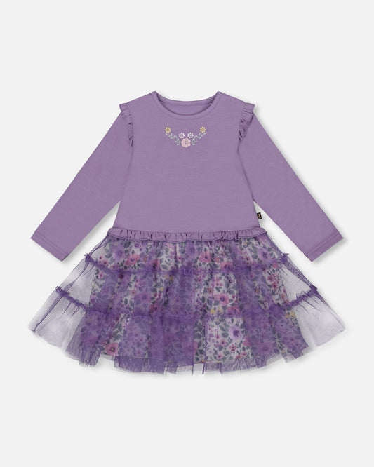 Bi-Material Dress With Muslin And Mesh Skirt Purple Gray