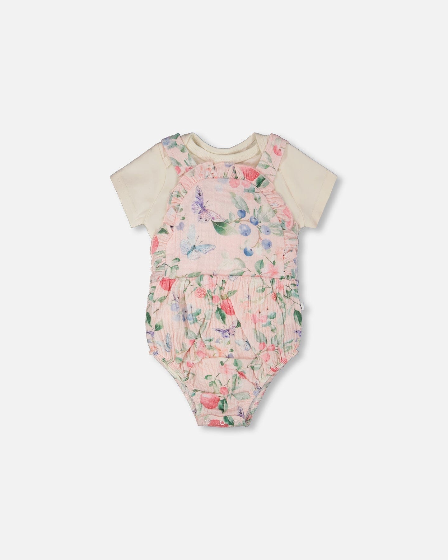 Organic Cotton Jersey Onesie And Muslin Overall Set White And Pink Printed Berries