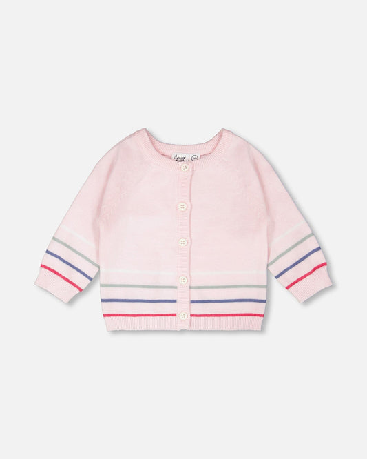 Cotton Knit Striped Button Front Cardigan Light Pink