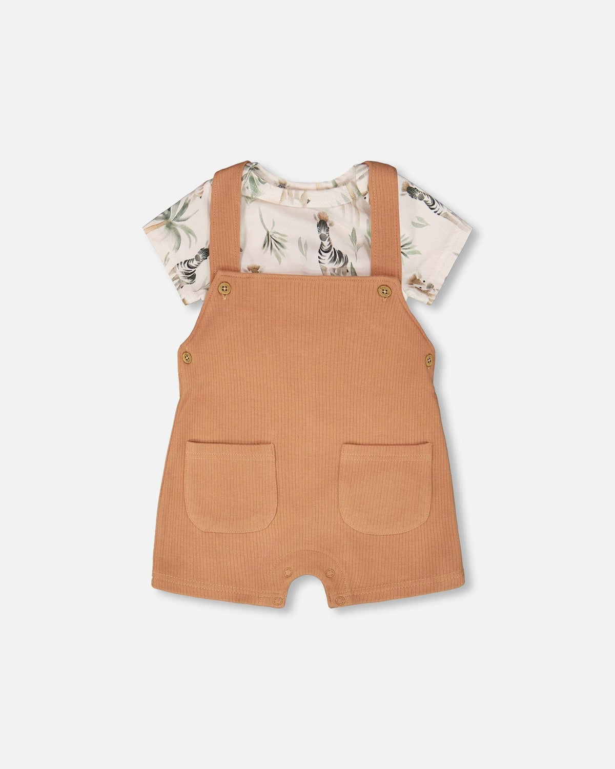 Organic Cotton Jersey Onesie And Cotton Rib Shortall Set Beige Zebra Print And Caramel
