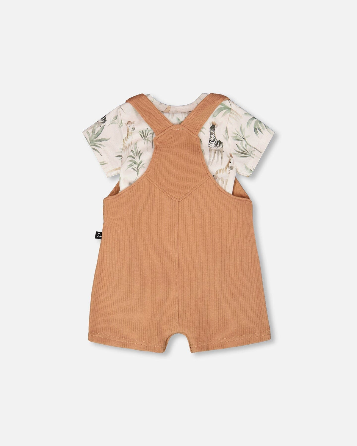 Organic Cotton Jersey Onesie And Cotton Rib Shortall Set Beige Zebra Print And Caramel