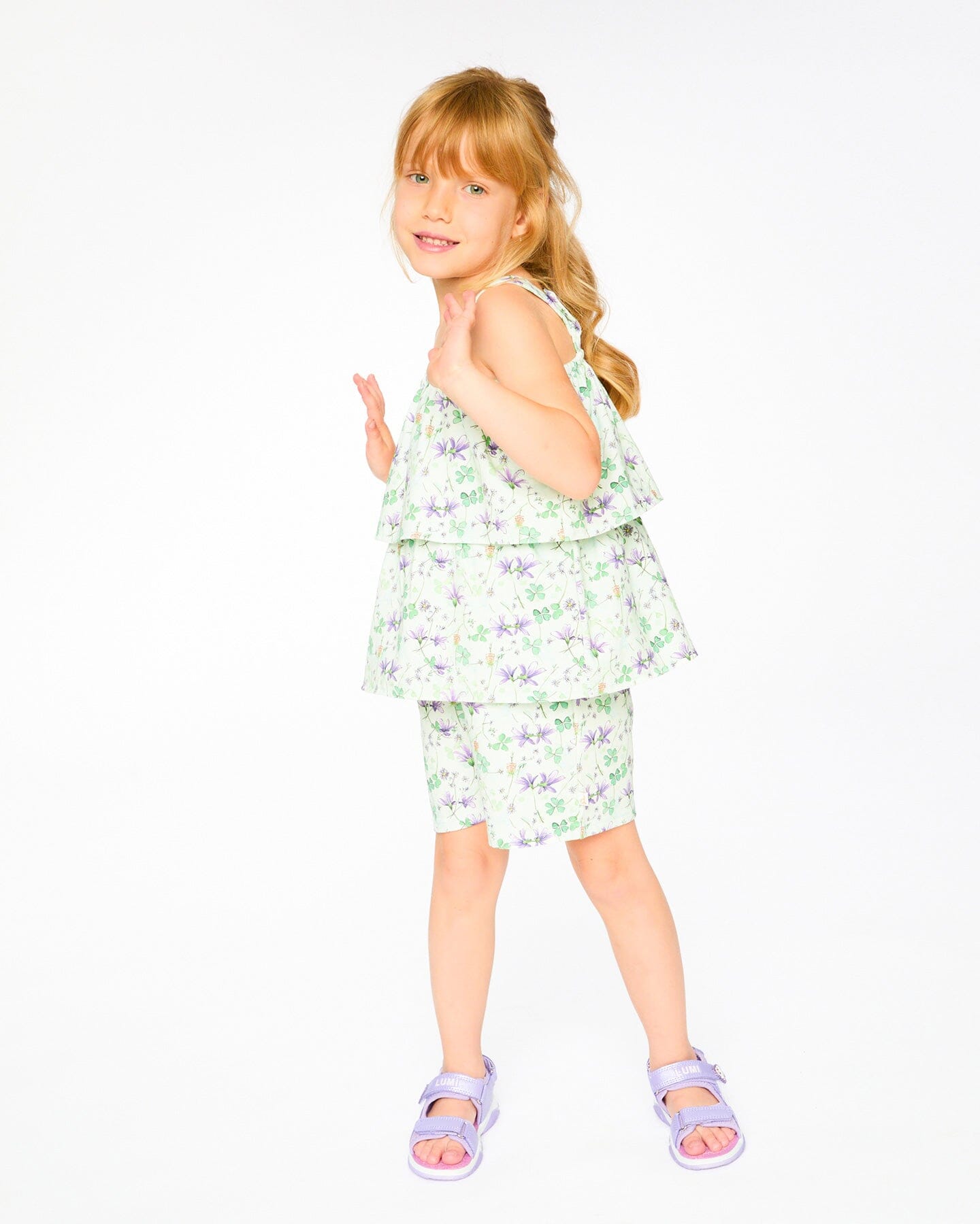 Jersey Romper With Tiers Green Printed Flowers