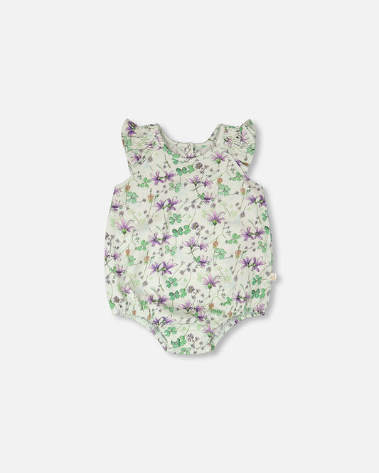 Jersey Romper Green Printed Flowers