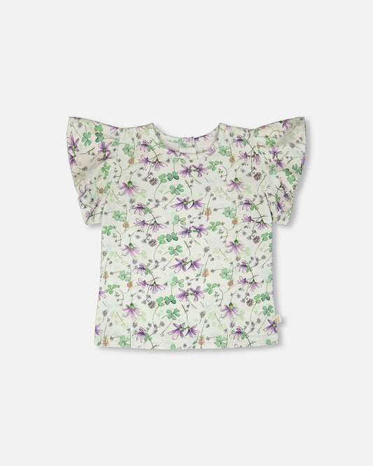 Jersey T-Shirt Green Printed Flowers