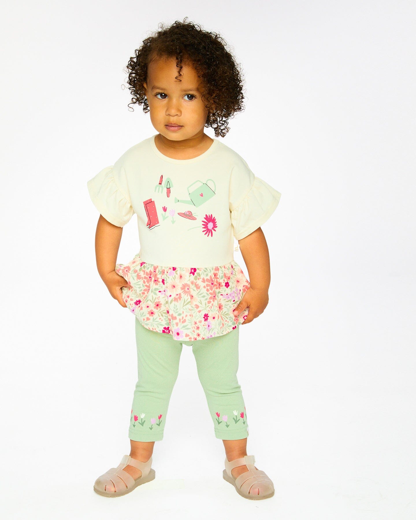 Organic Cotton Bi-Material Tunic Beige Flowers Print