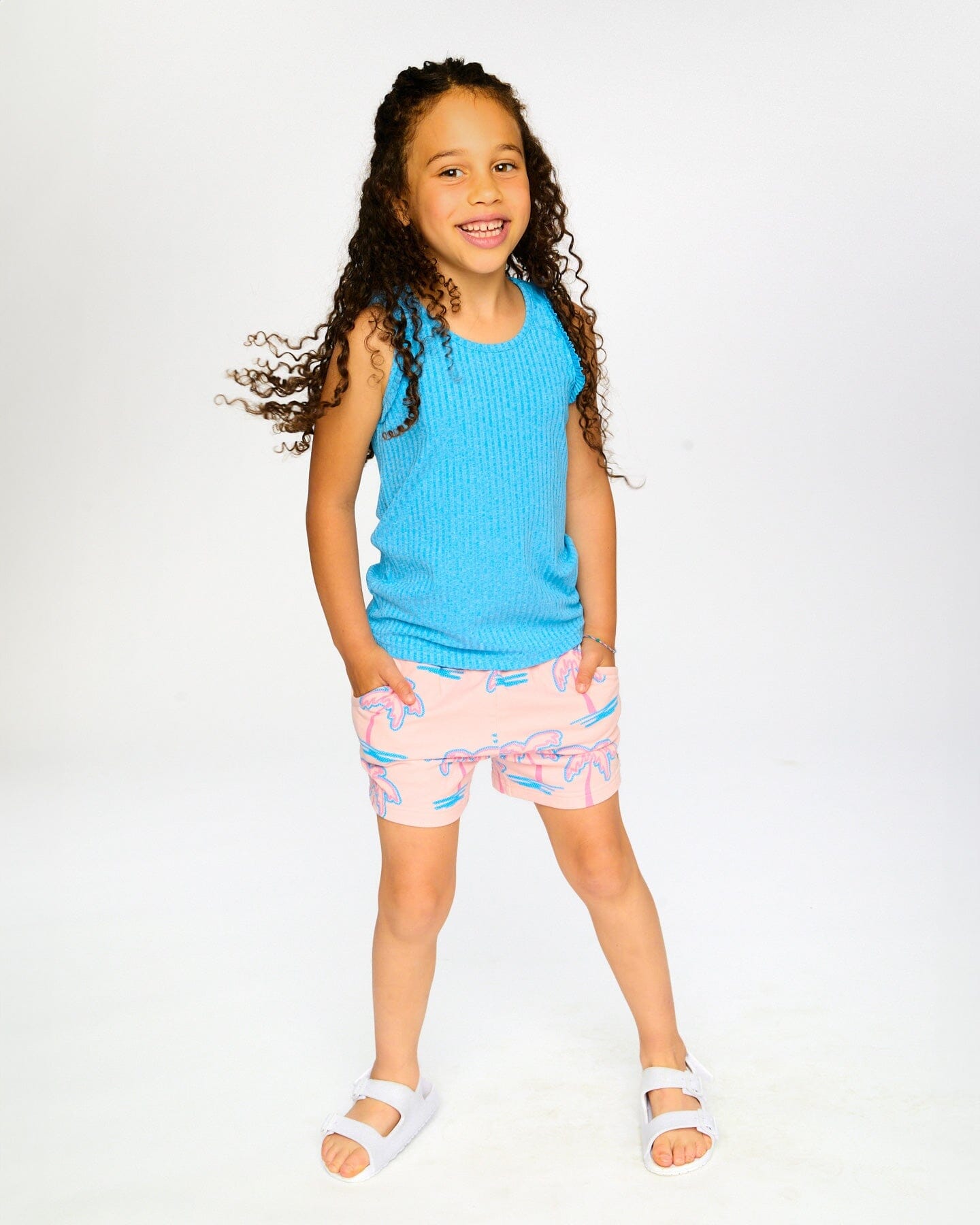 French Terry Shorts Light Pink Palm Print