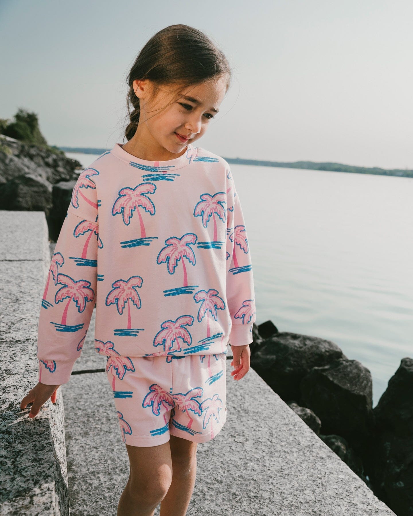 French Terry Sweatshirt Light Pink Palm Print