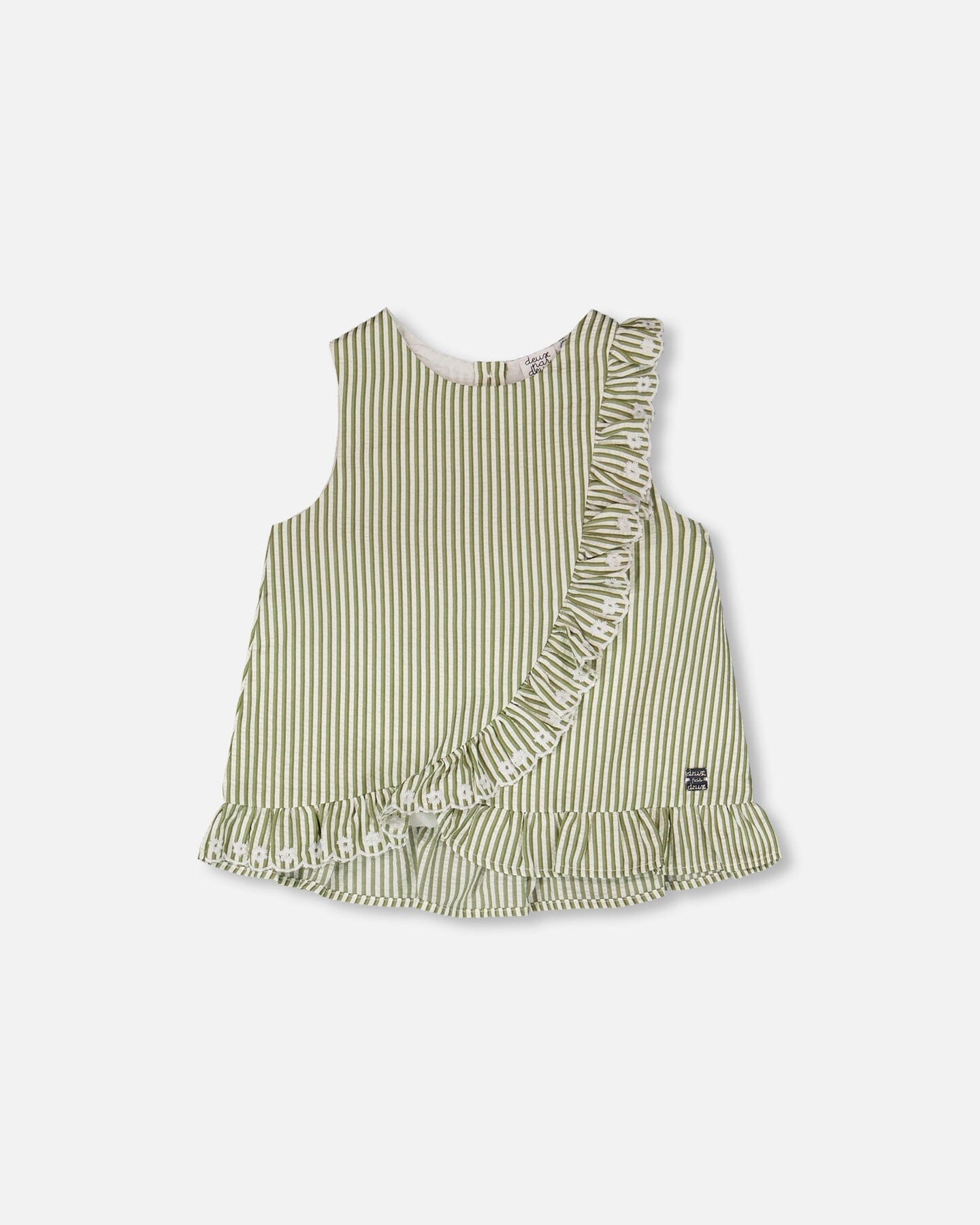 Top Green & Off White Stripes With Embroidered Ruffle