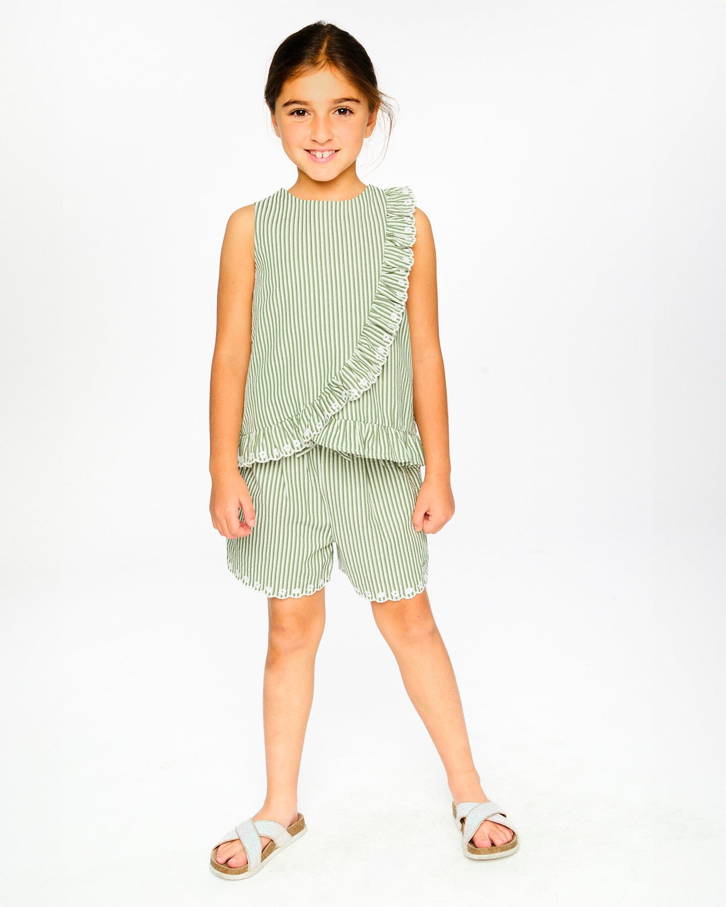 Shorts Green And Off White Stripes With Embroidery