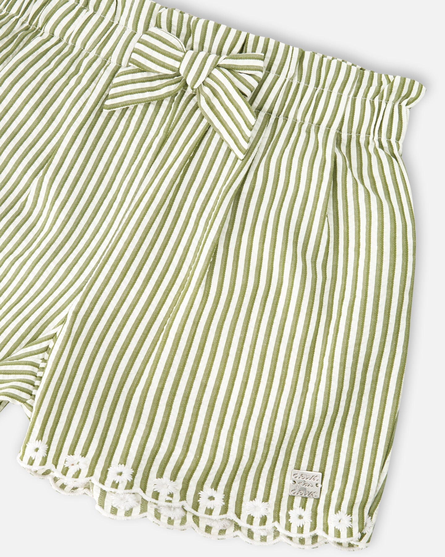Shorts Green And Off White Stripes With Embroidery