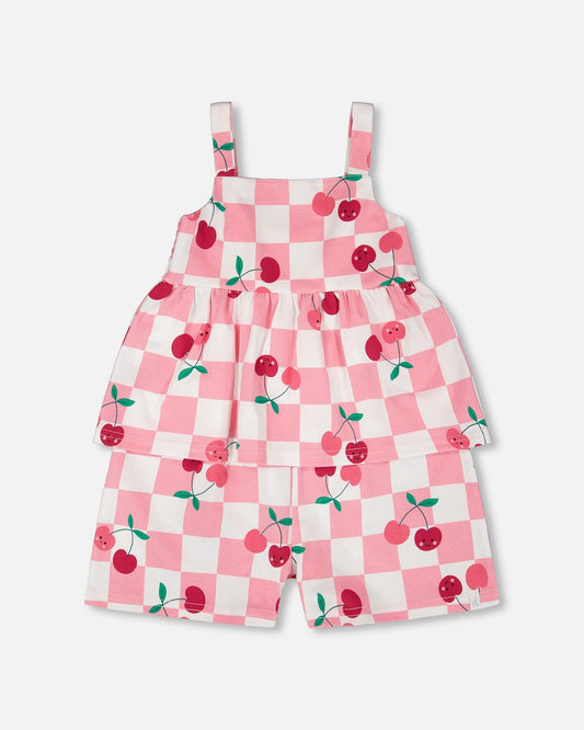 Organic Cotton Jersey Romper Pink Printed Cherries