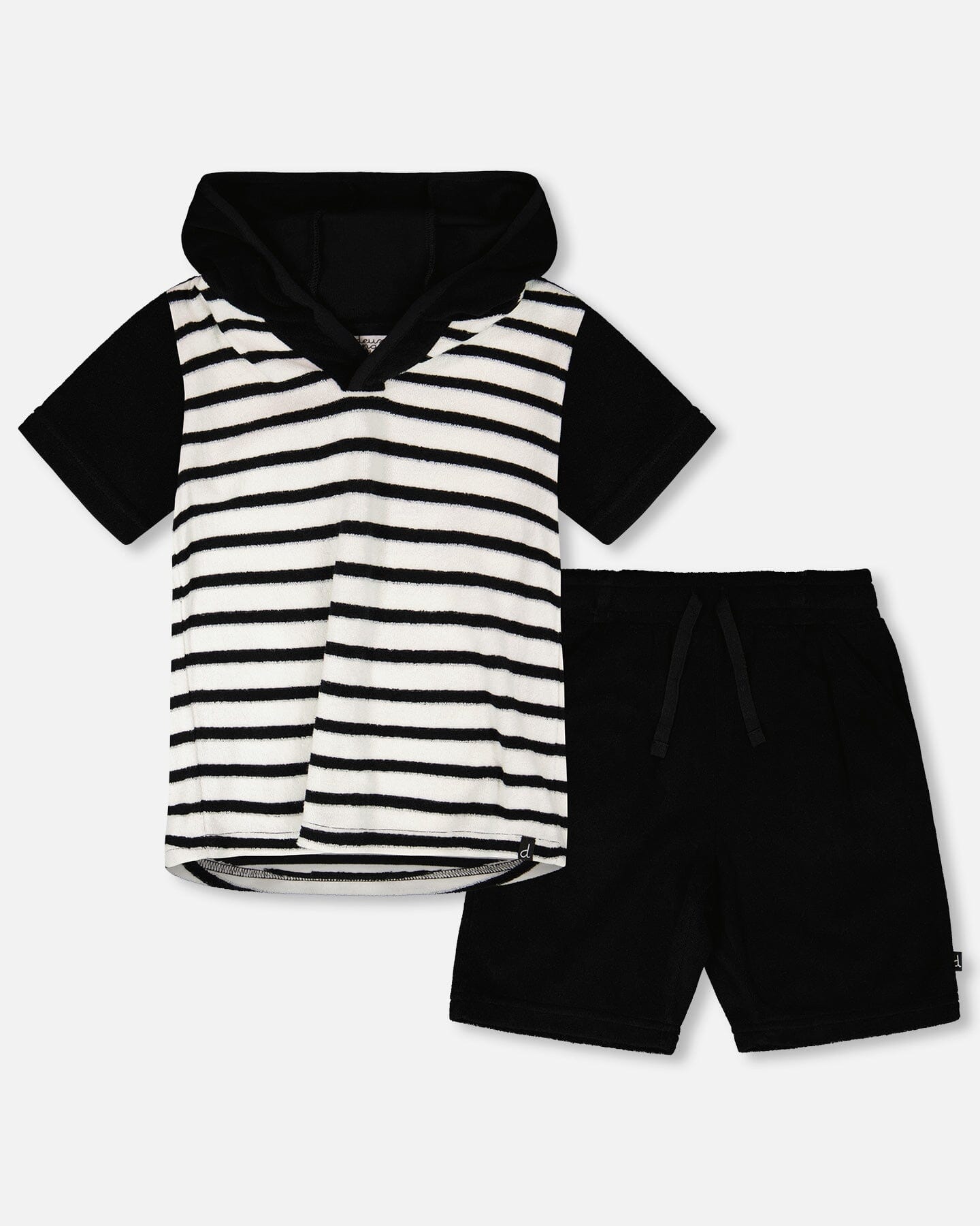 Hooded Terry T-Shirt With Shorts Set Black And White Stripes
