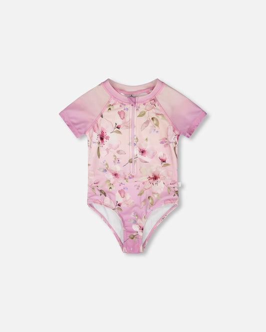 One-Piece Swimsuit Purple Flower Print