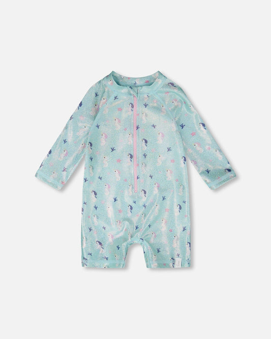 Baby And Toddler One-Piece Long Sleeve Rashguard Blue Seahorse Print