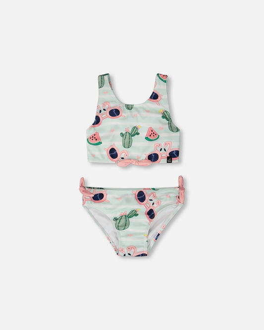 Two-Piece Swimsuit Blue Flamingo And Cactus Print
