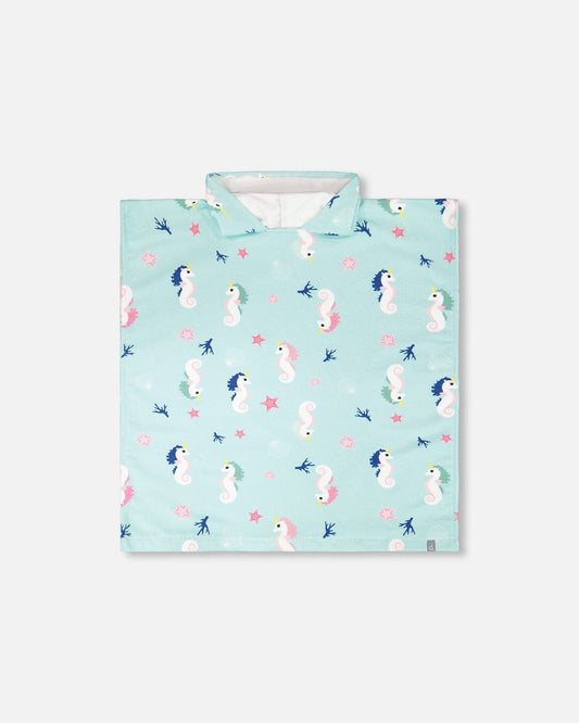 Hooded Beach Towel Blue Seahorse Print
