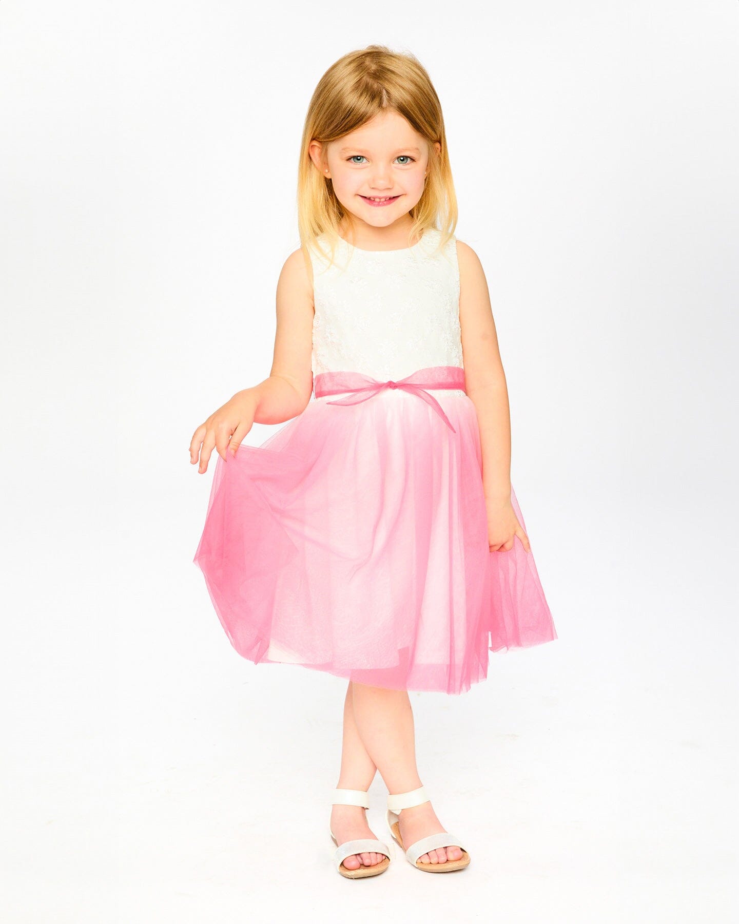 Bi-Material Pleated Mesh Dress White And Pink