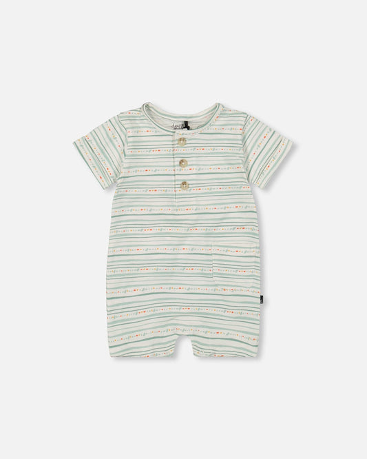 Organic Cotton Romper White Printed Mint Green Lines