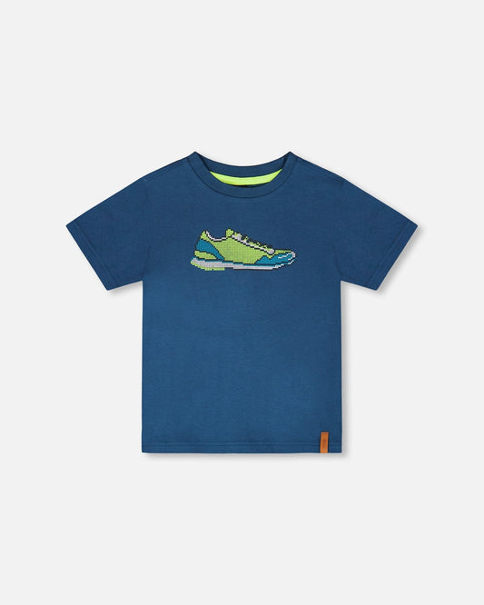Organic Cotton Jersey T-Shirt With Print Dark Blue