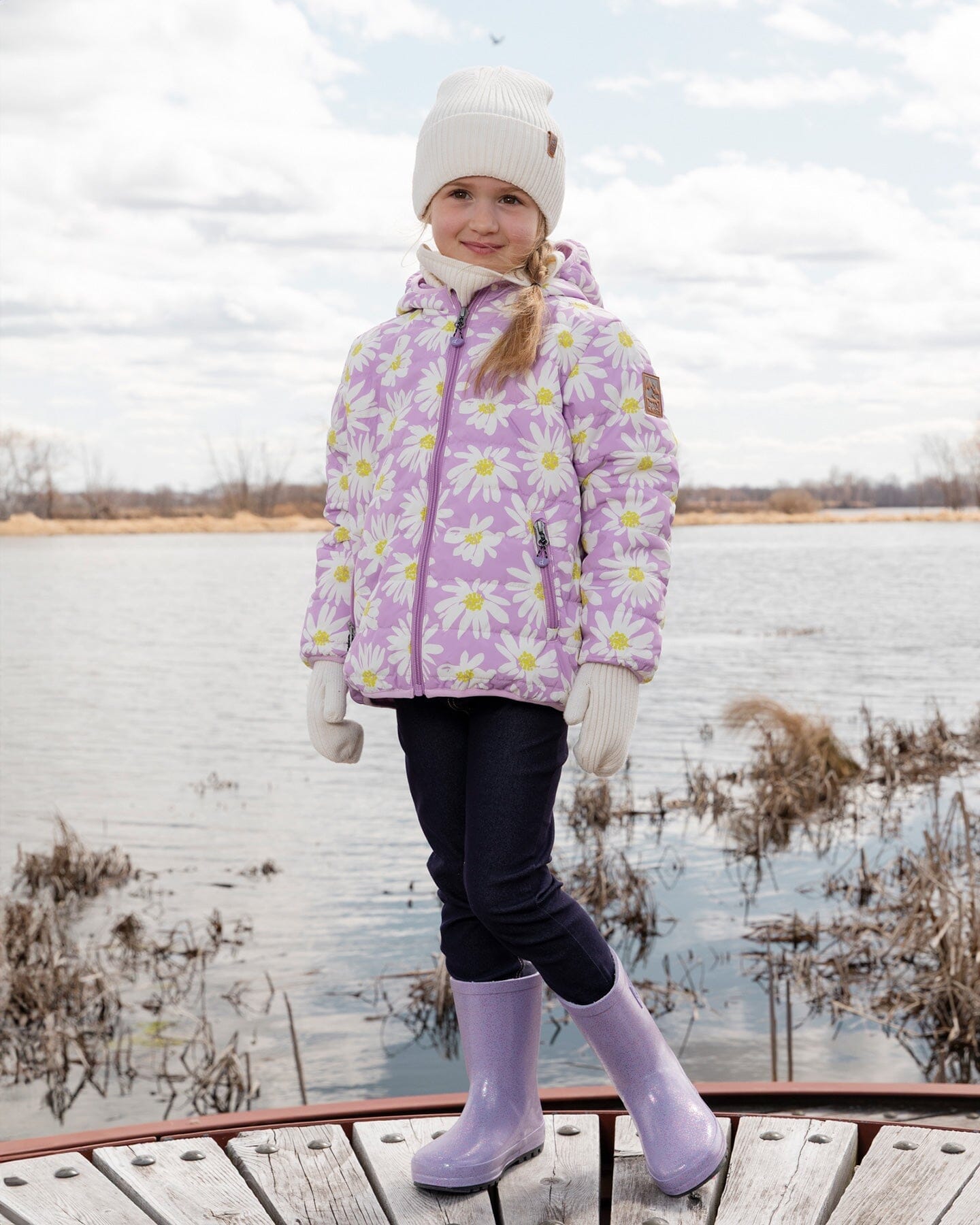 Quilted Mid-Season Jacket Purple Daisy Print