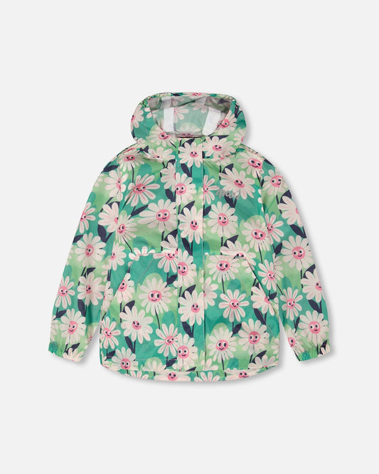 Packable Windbreaker In Polyester Green Smiling Flower Print