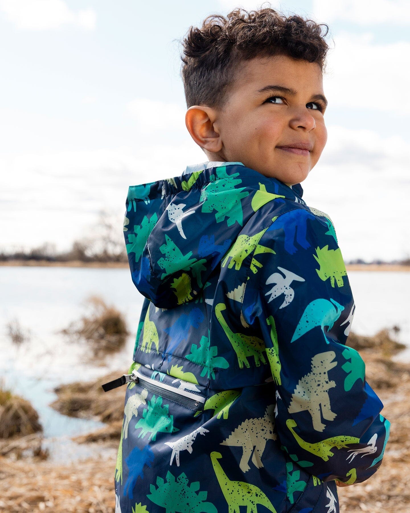 Packable Windbreaker In Polyester Blue Dinosaur Print