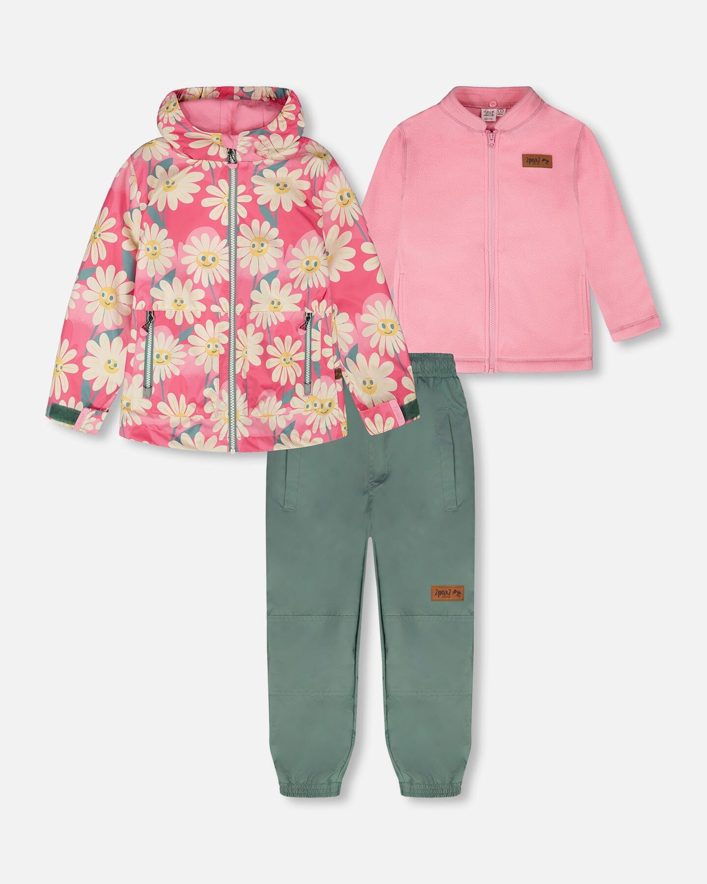 3-In-1 Two-Piece Mid-Season Outerwear Set Pink Smiling Flower Print