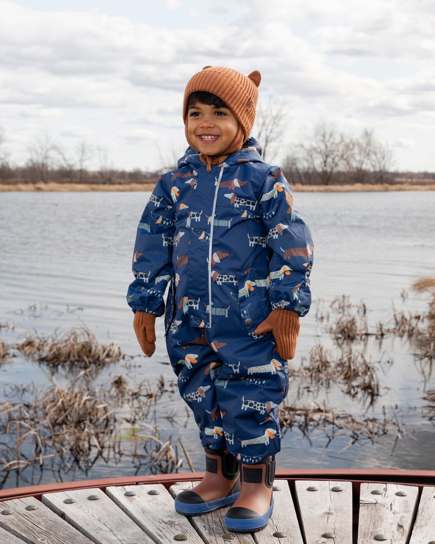 Baby Mid-Season One-Piece Outerwear With Hat Blue Dog Print