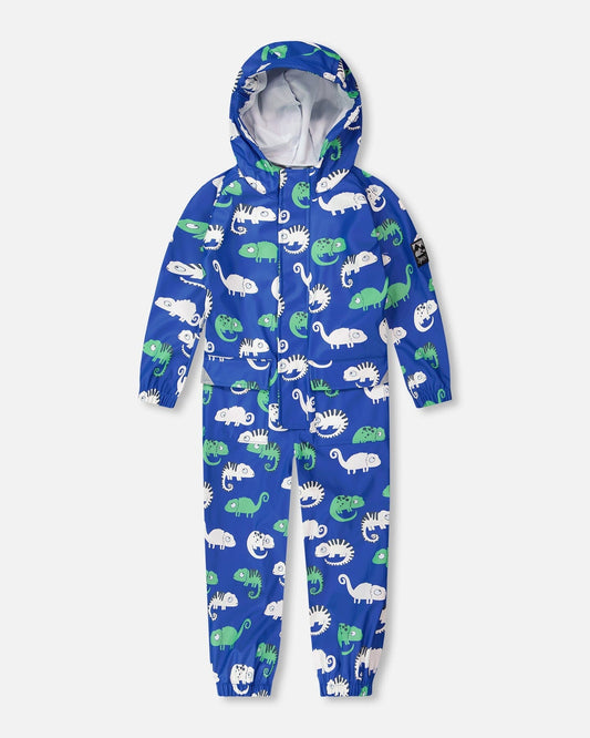 Blue rain jumpsuit with color-changing chameleon print