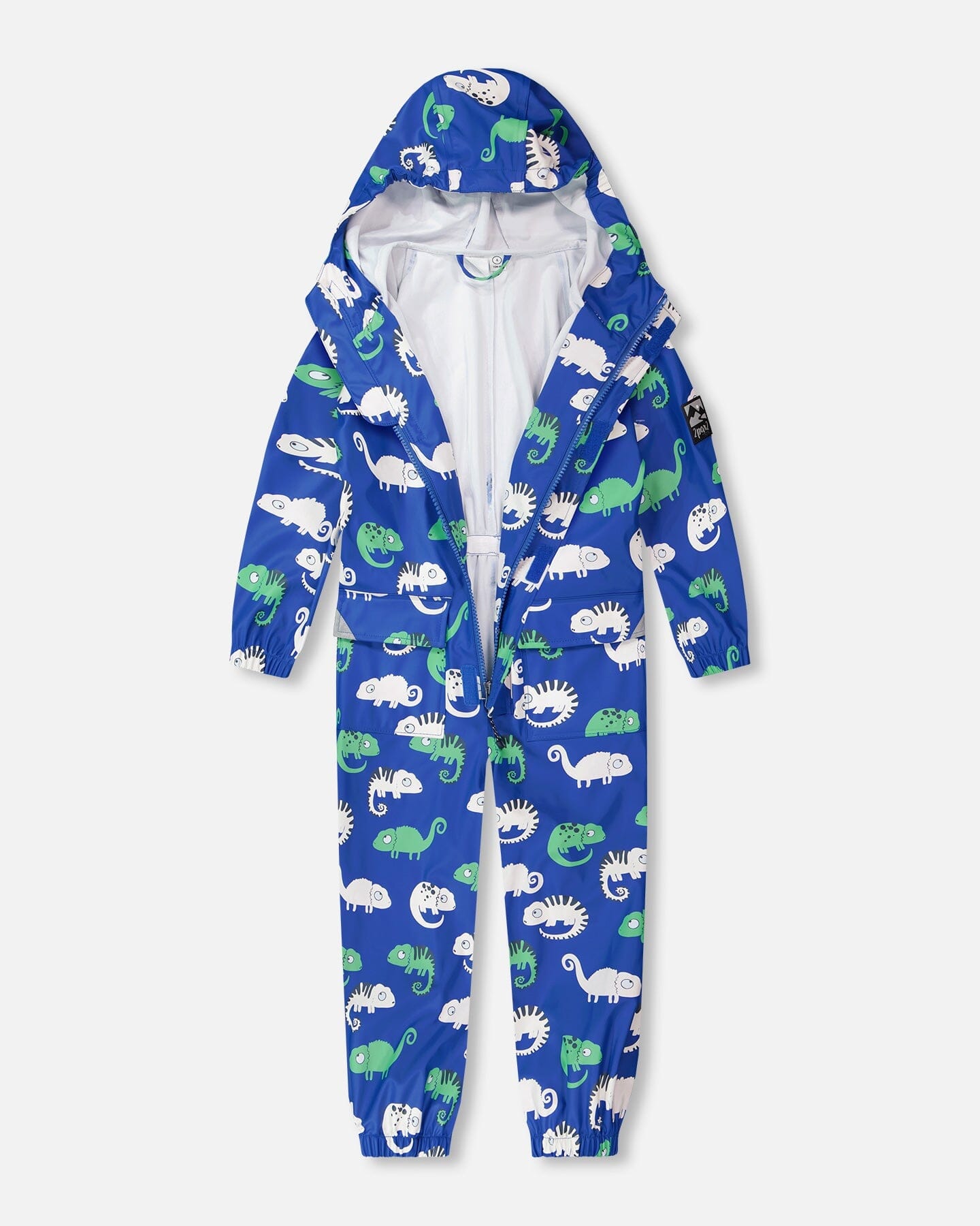 Blue rain jumpsuit with color-changing chameleon print