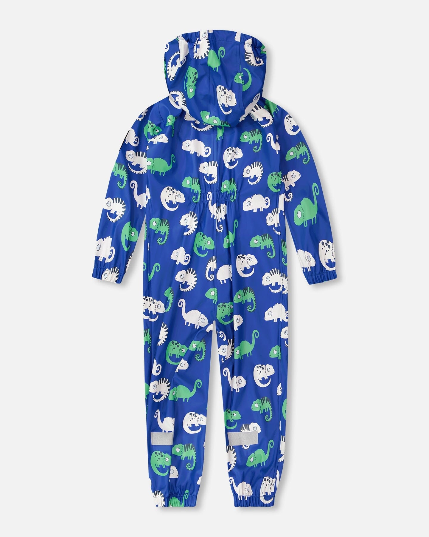 Blue rain jumpsuit with color-changing chameleon print