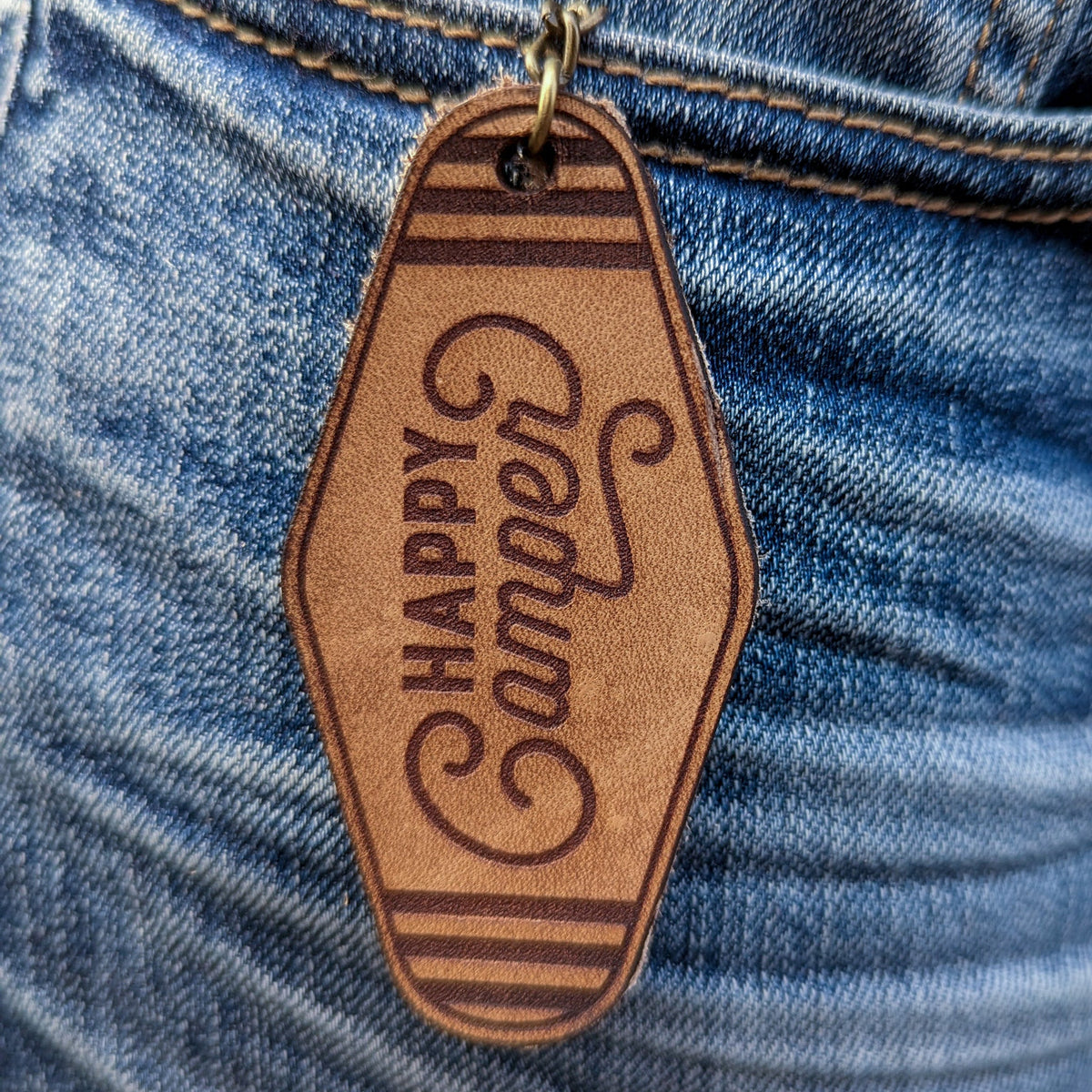 Vintage Motel Key Leather Keychain | Happy Camper