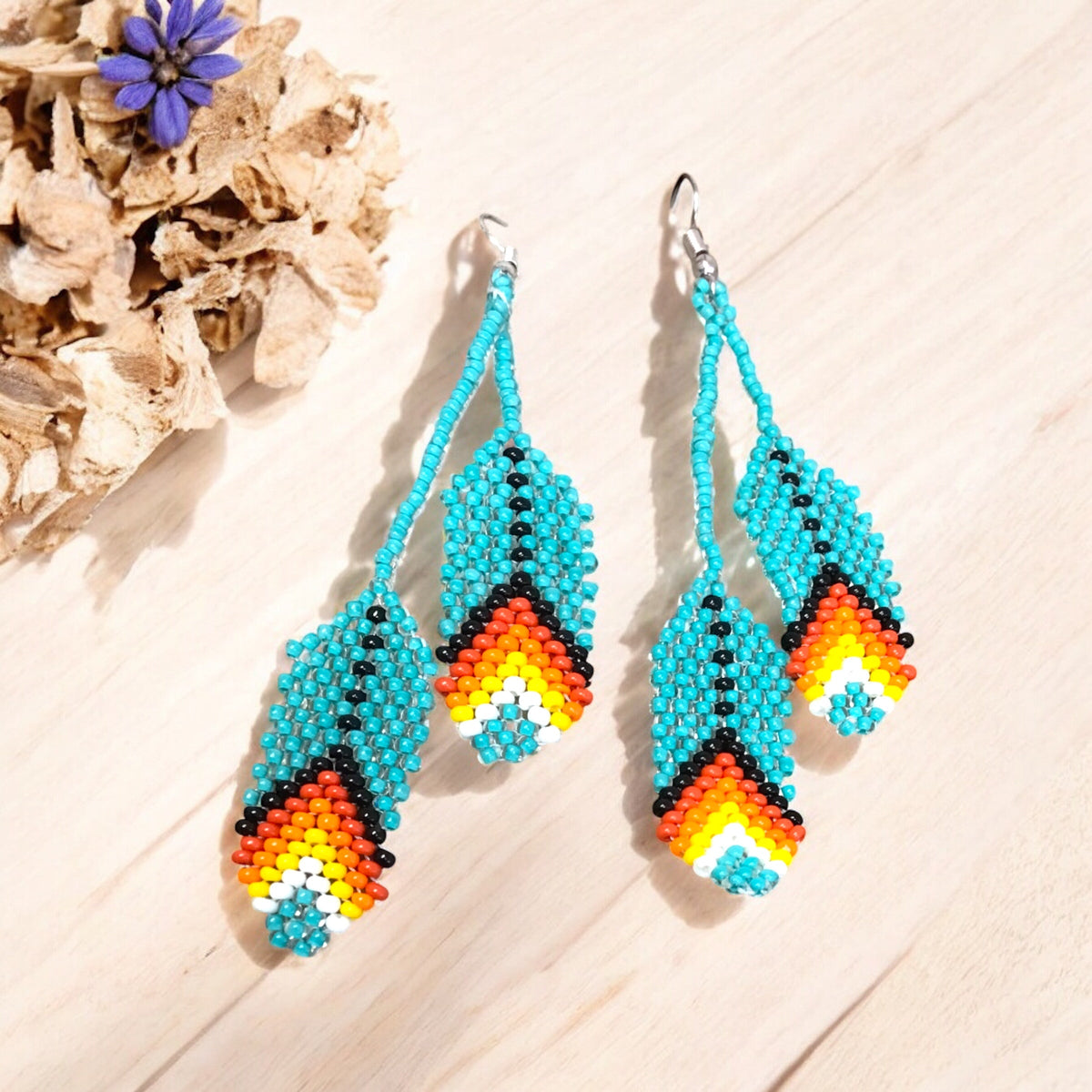 turquoises Beaded Feather Earrings