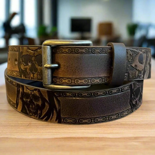 Keldon Men’s Full-Grain Leather Biker Belt. Skull Chain Embossed Design with Removable Buckle