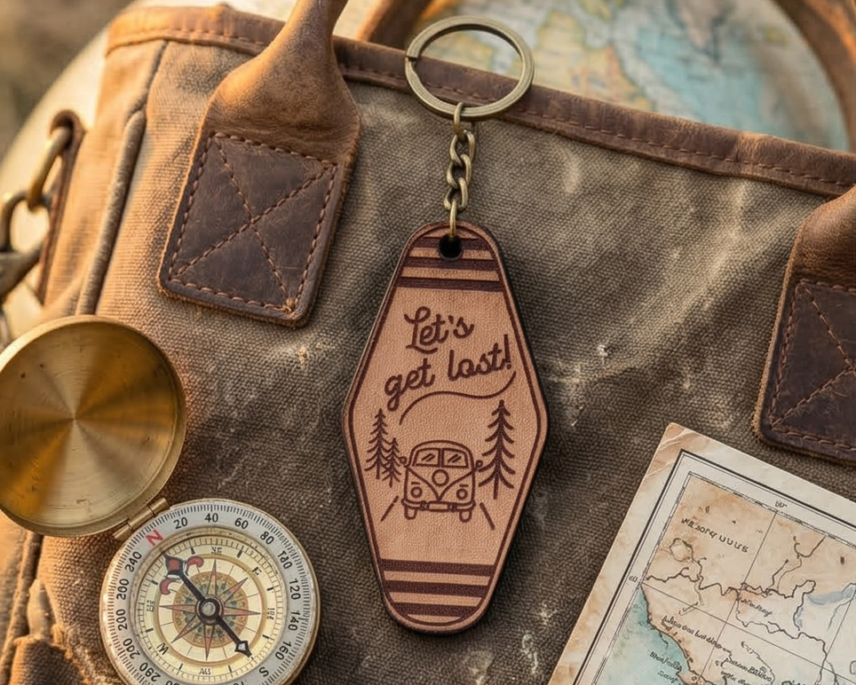 Vintage Motel Key  Leather Keychain | Let's get lost