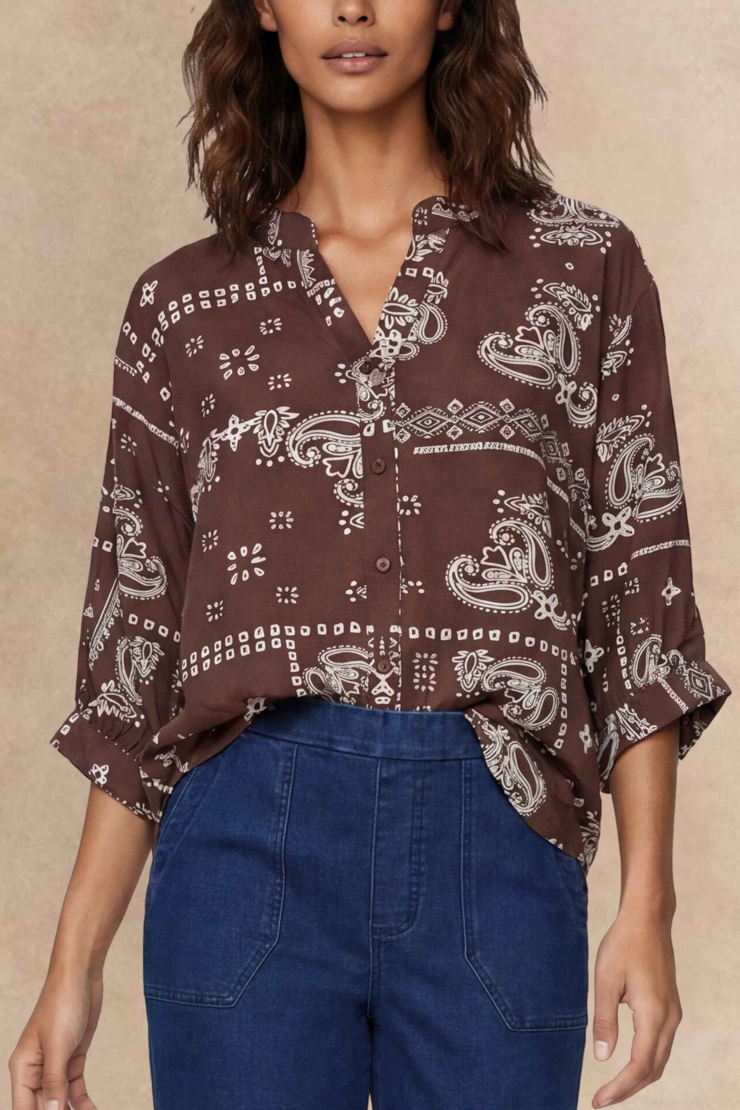 Livia Brown Bandana Print Button-Front Blouse