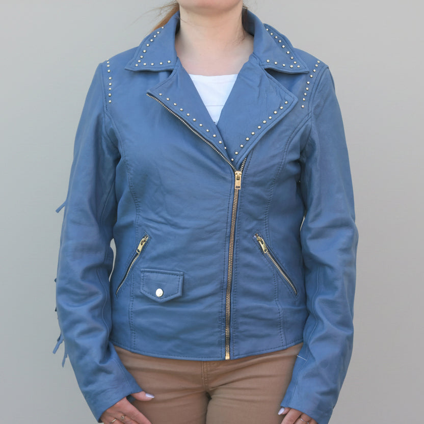 Women's Studded Leather Jacket with Removable Fringe