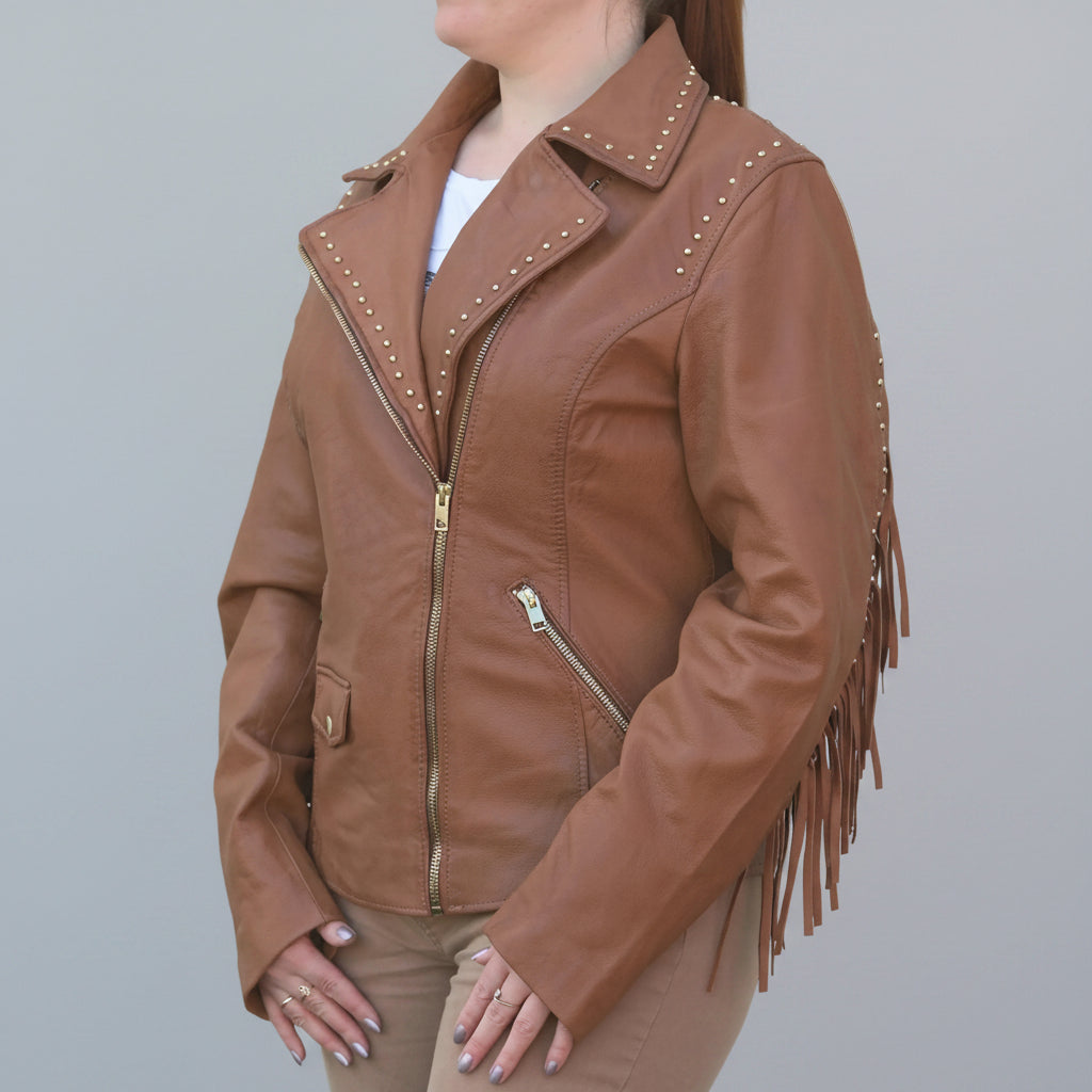 Women's Studded Leather Jacket with Removable Fringe